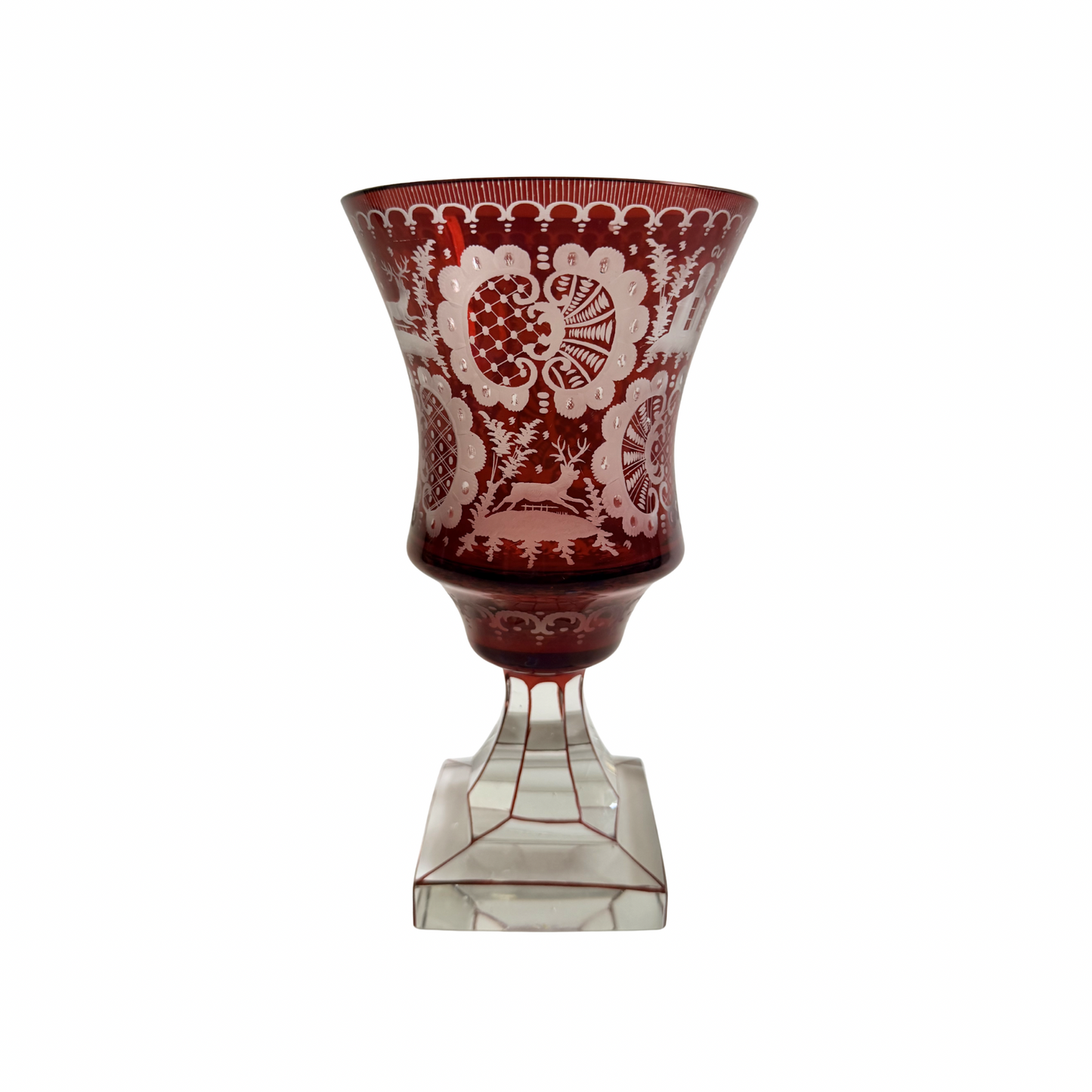 Bohemian ruby engraved glass goblet or vase