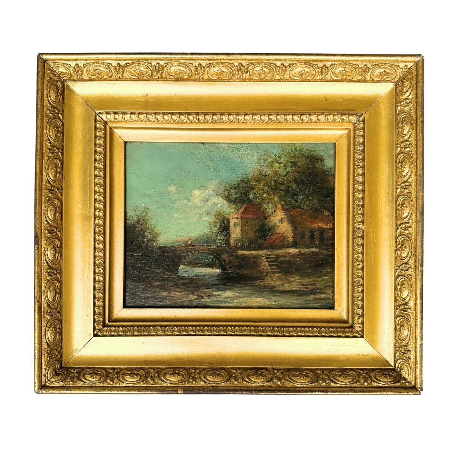 19th Century Riverside Village Landscape Oil Painting