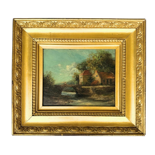 19th Century Riverside Village Landscape Oil Painting