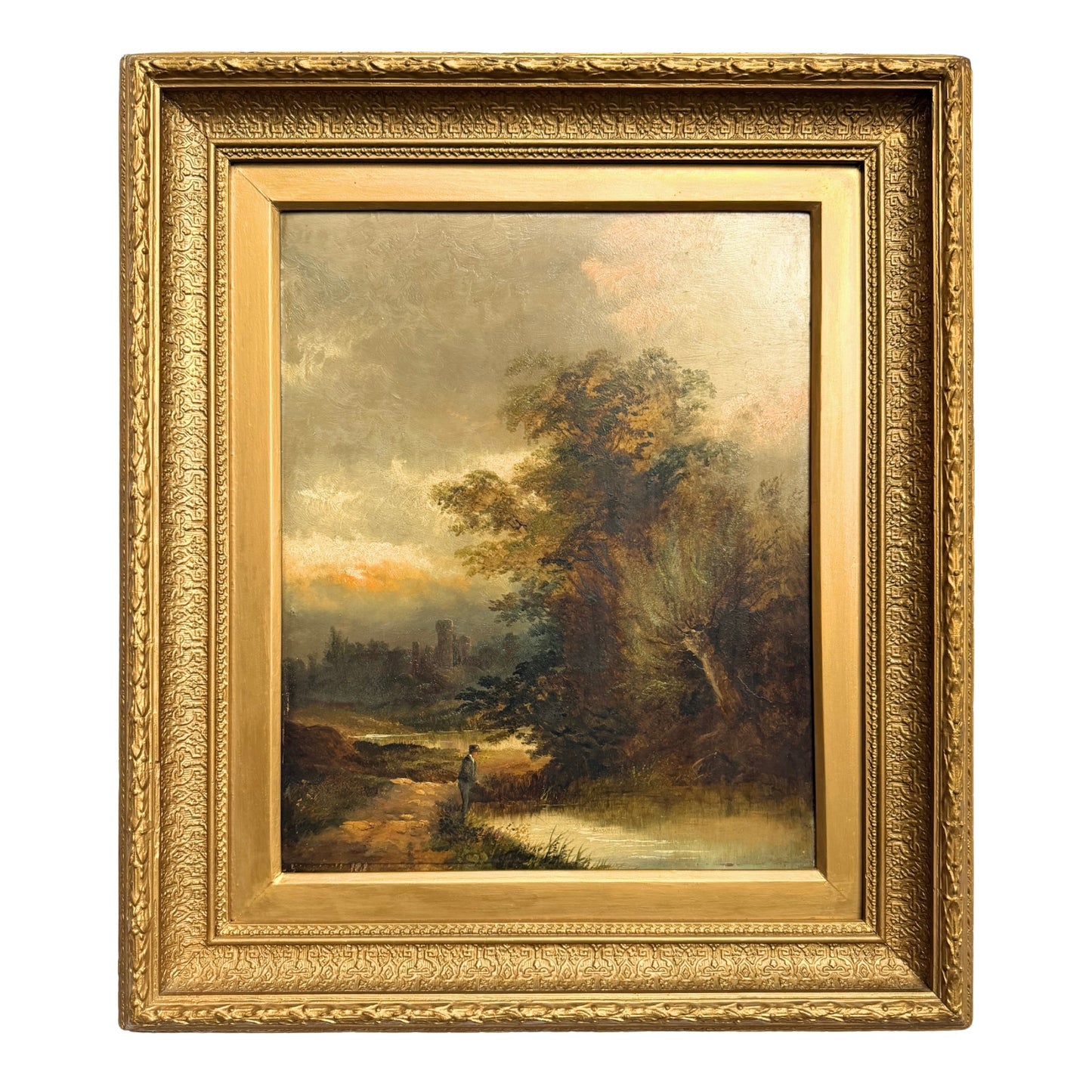 19th century British school oil painting of an angler by the river