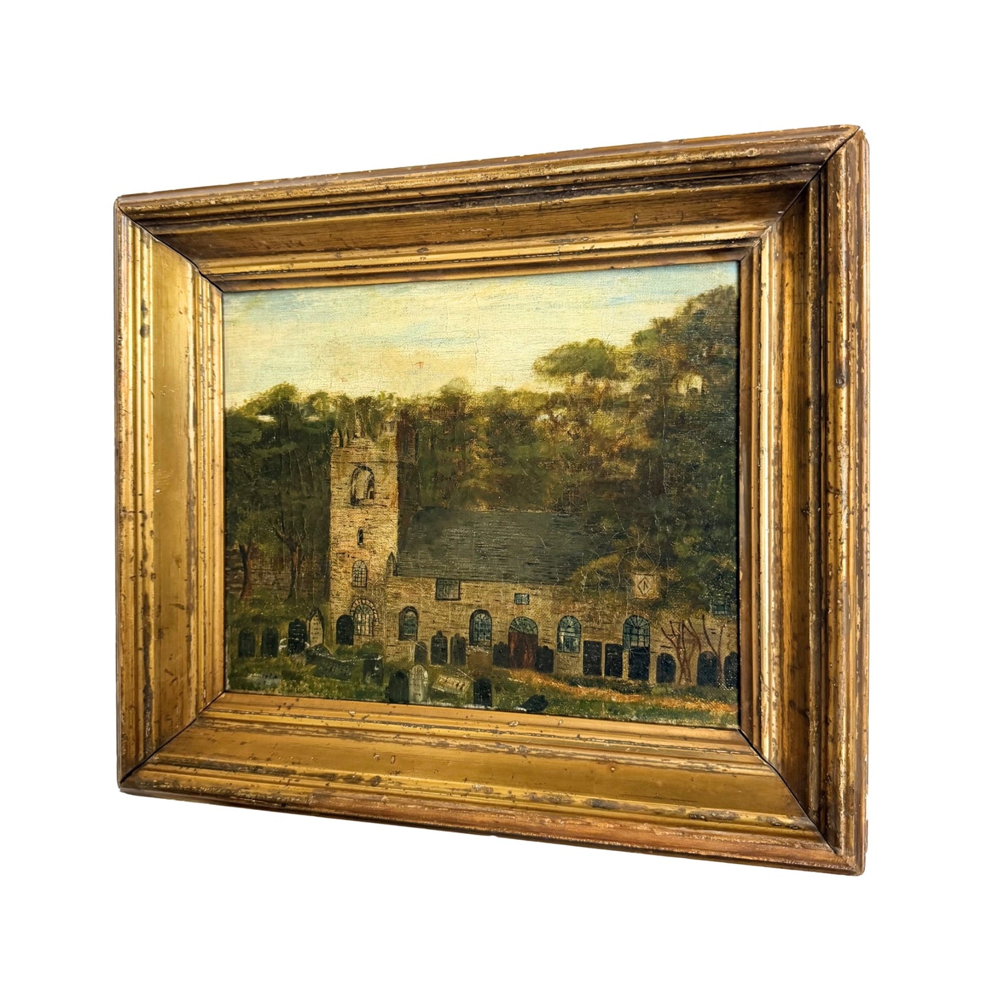 19th Century British Naive Church & Churchyard Oil Painting