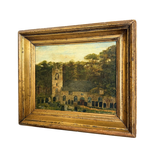 19th Century British Naive Church & Churchyard Oil Painting