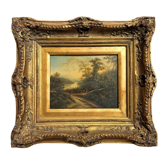 19th Century Landscape Oil Painting with Cattle.