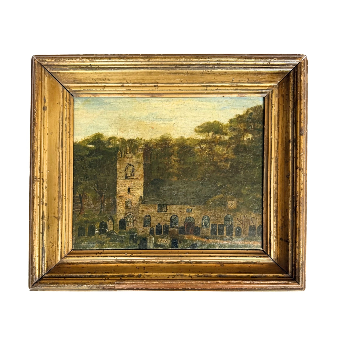19th Century British Naive Church & Churchyard Oil Painting