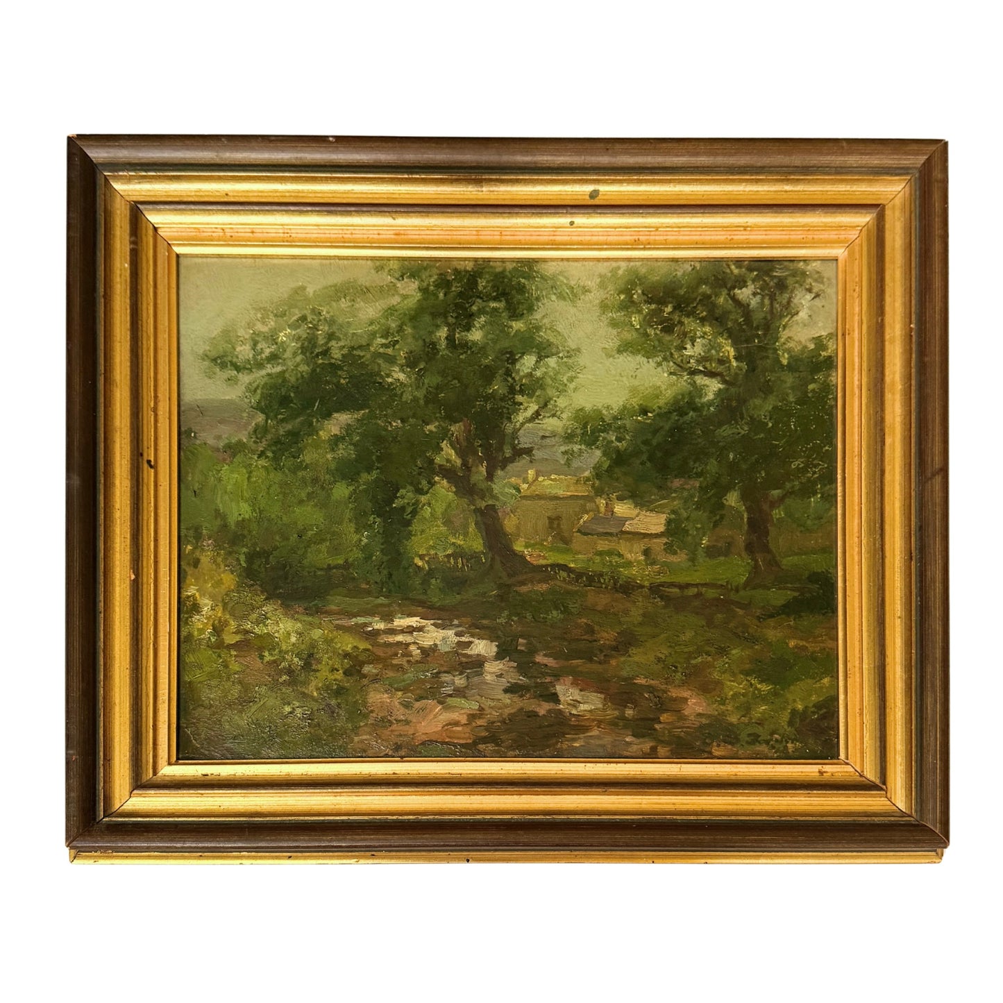 Early 20th Century Woodland Stream Landscape with Cottages