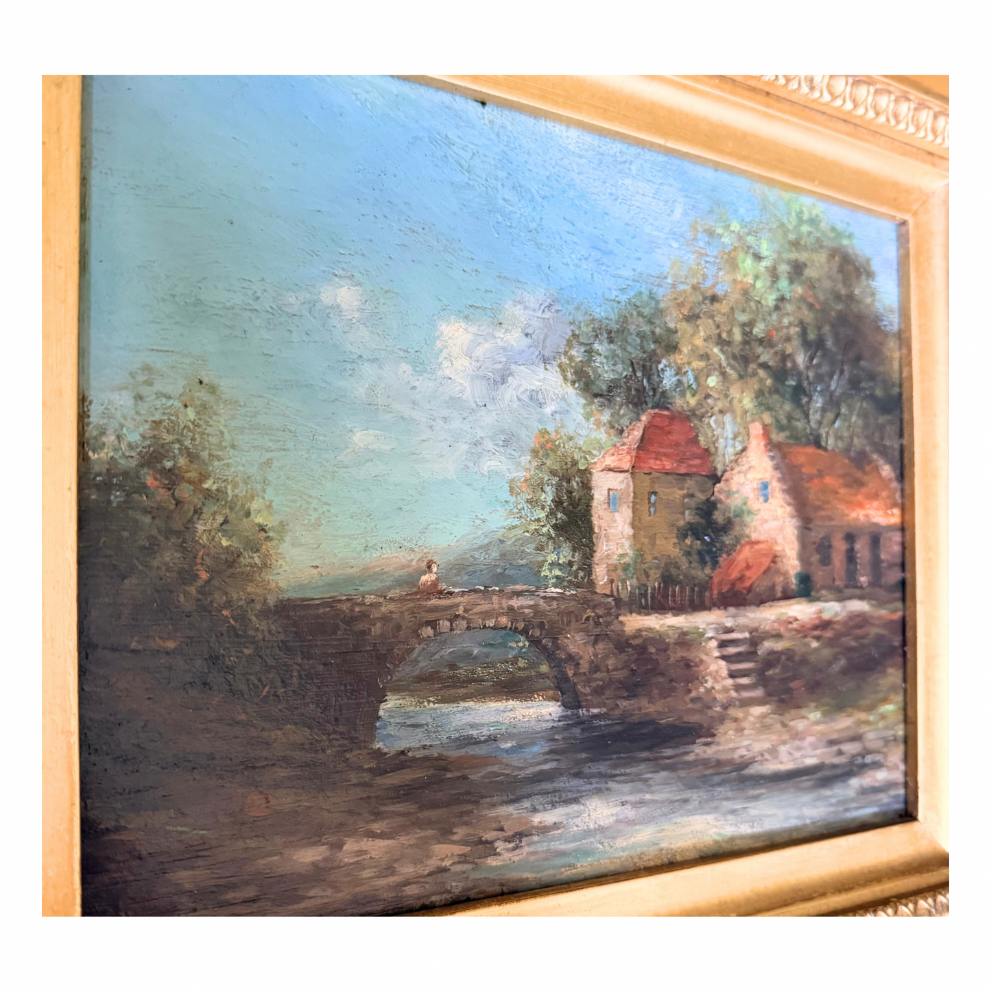 19th Century Riverside Village Landscape Oil Painting