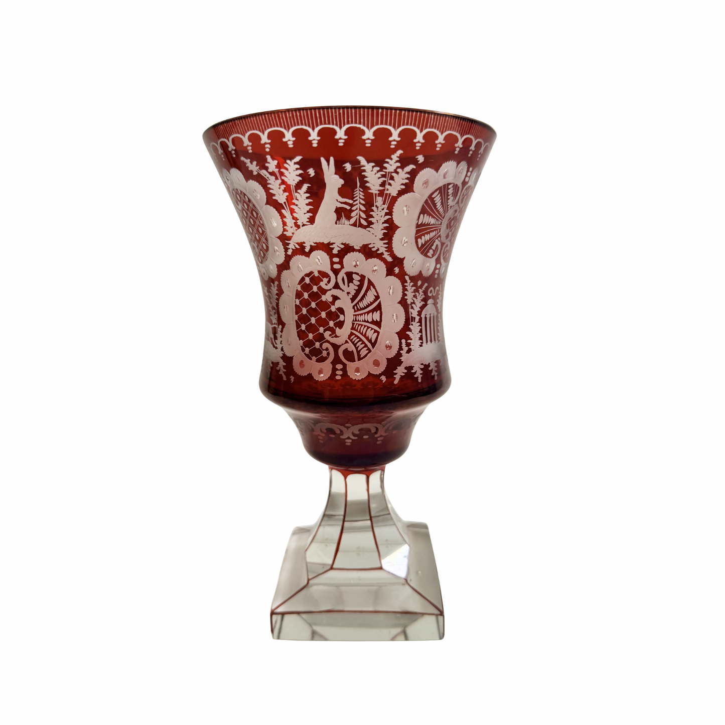 Bohemian ruby engraved glass goblet or vase