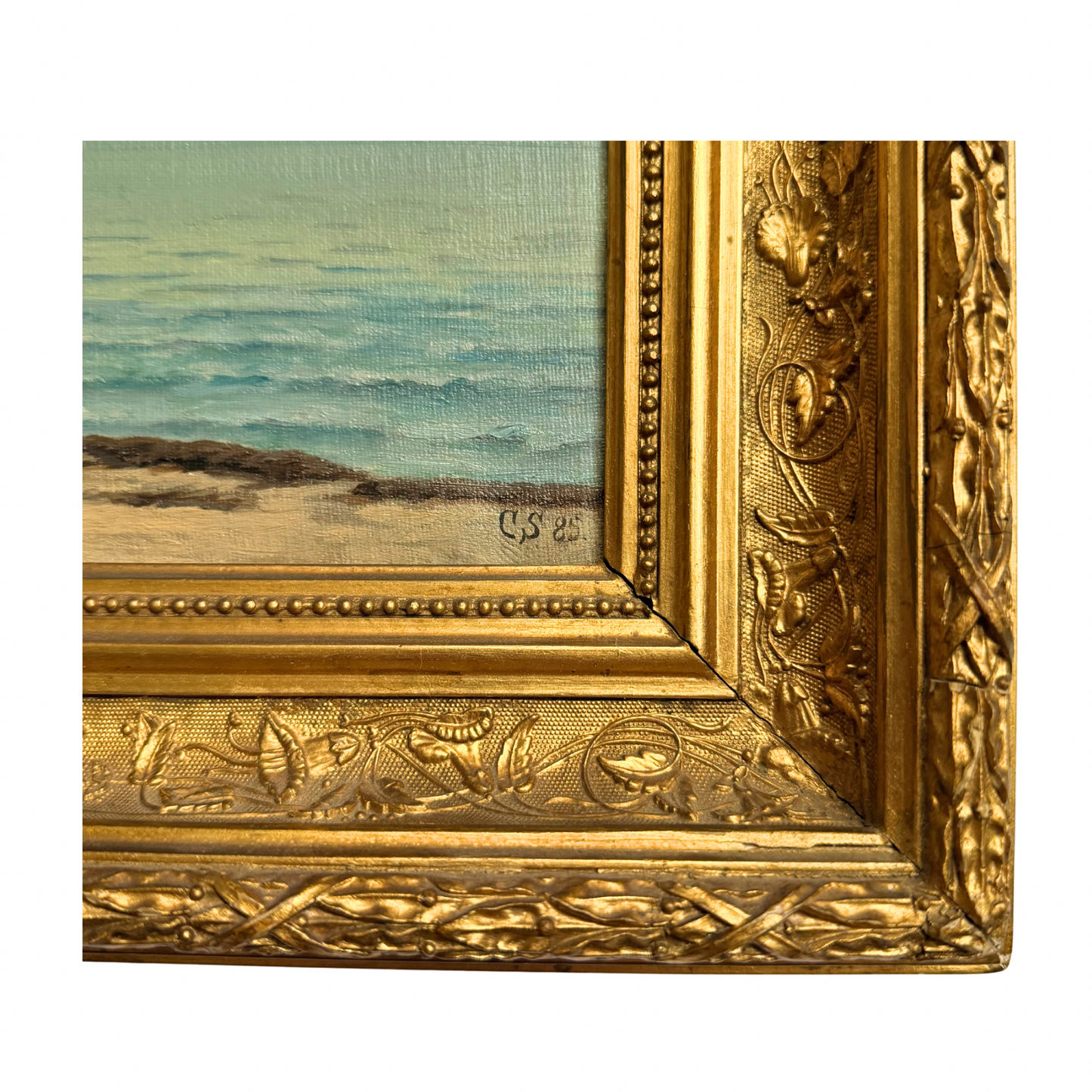 1885 Coastal Landscape Oil Painting with Sailboats