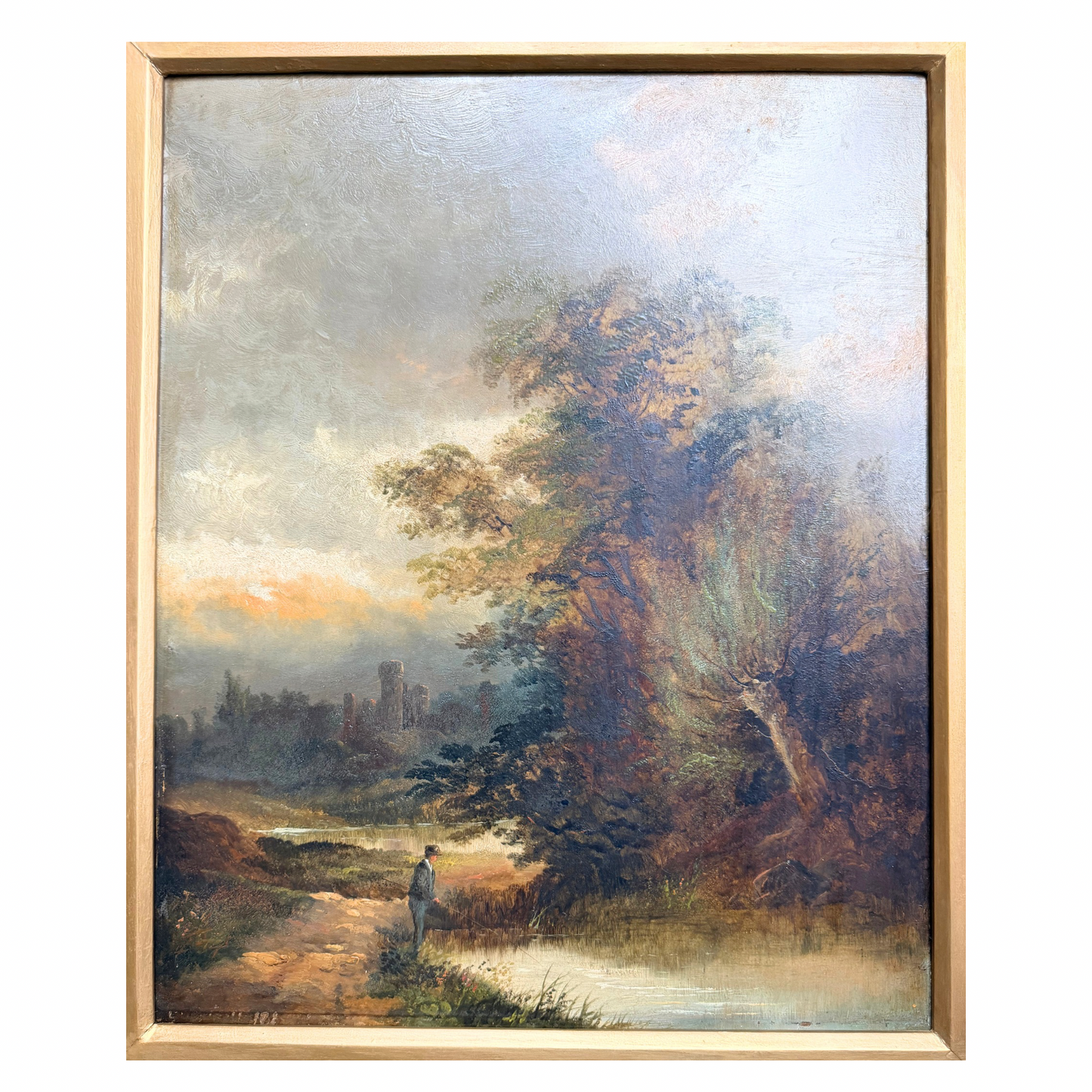 19th century British school oil painting of an angler by the river