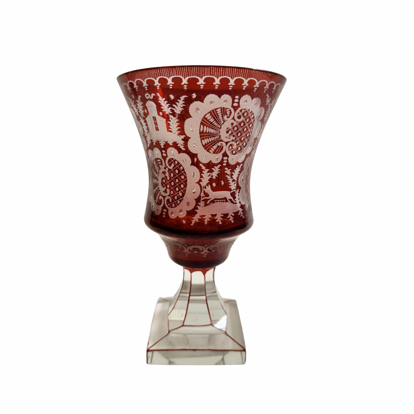 Bohemian ruby engraved glass goblet or vase