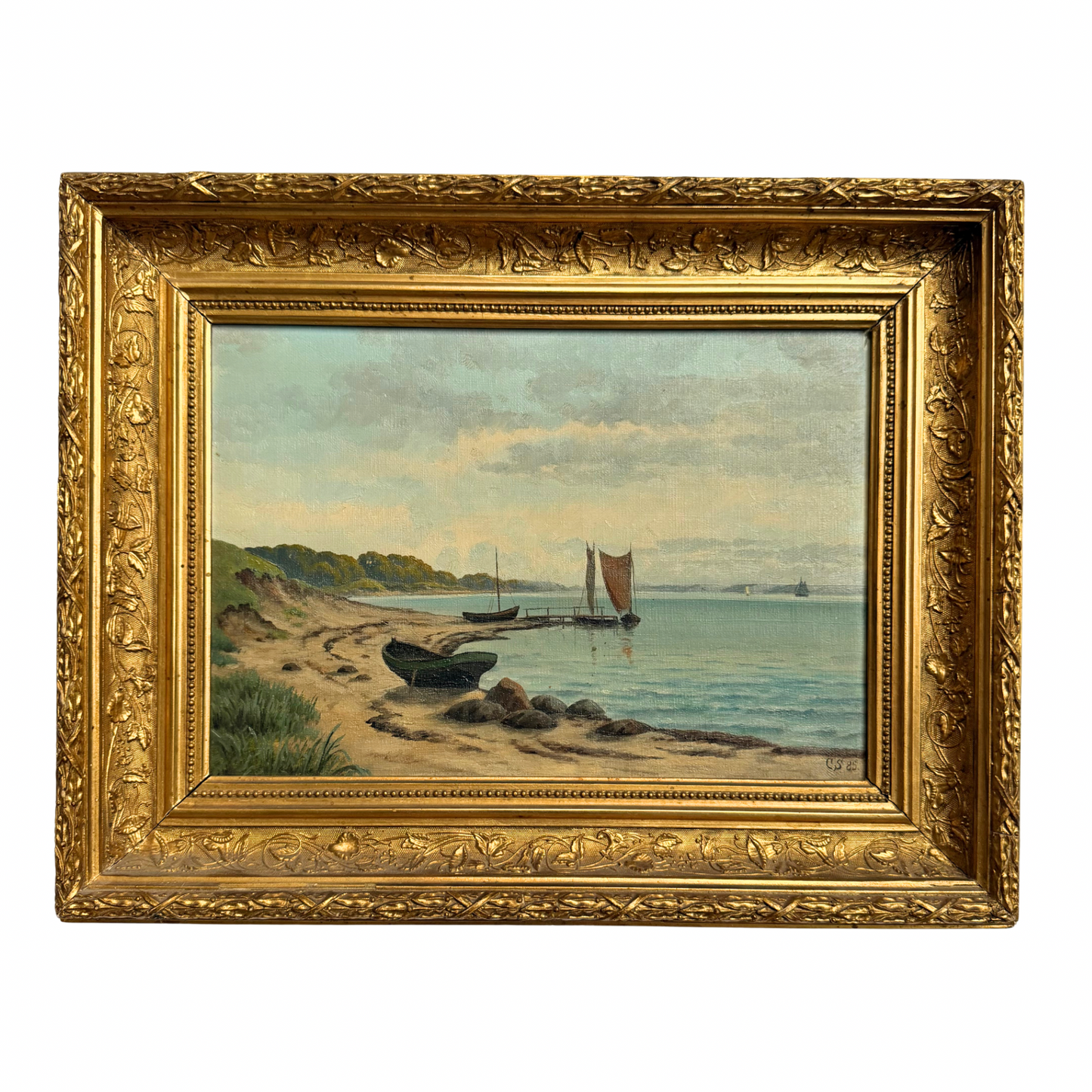 1885 Coastal Landscape Oil Painting with Sailboats