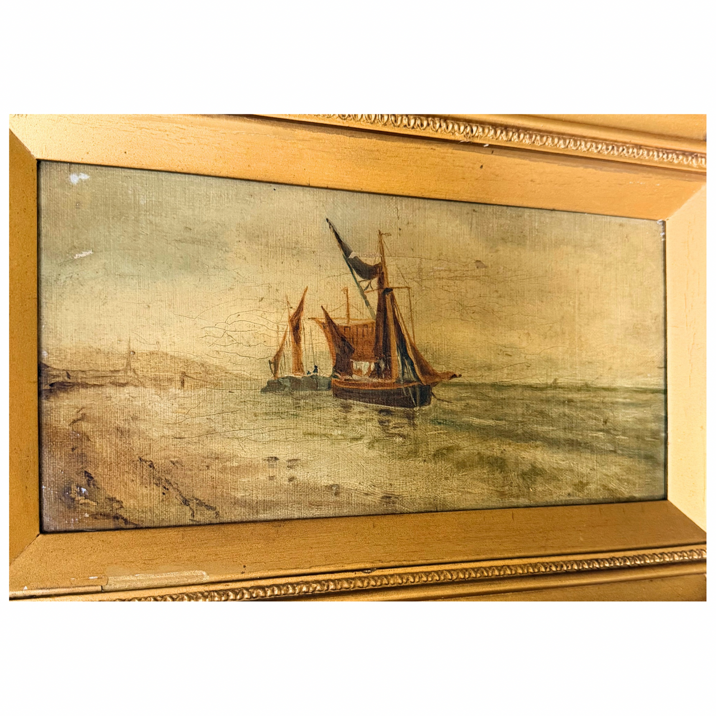 19th Century Naive Marine Oil Painting of Sailing Vessels