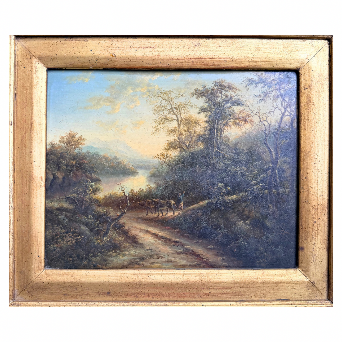 19th Century Landscape Oil Painting with Cattle.